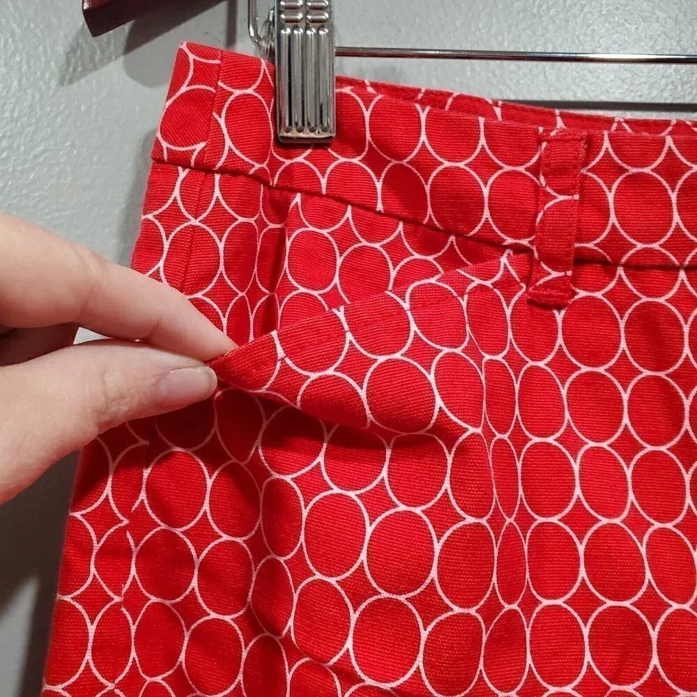 Talbots Women Cropped Red White Circle Pants Pockets Capri Slit Ankle Stretch 8